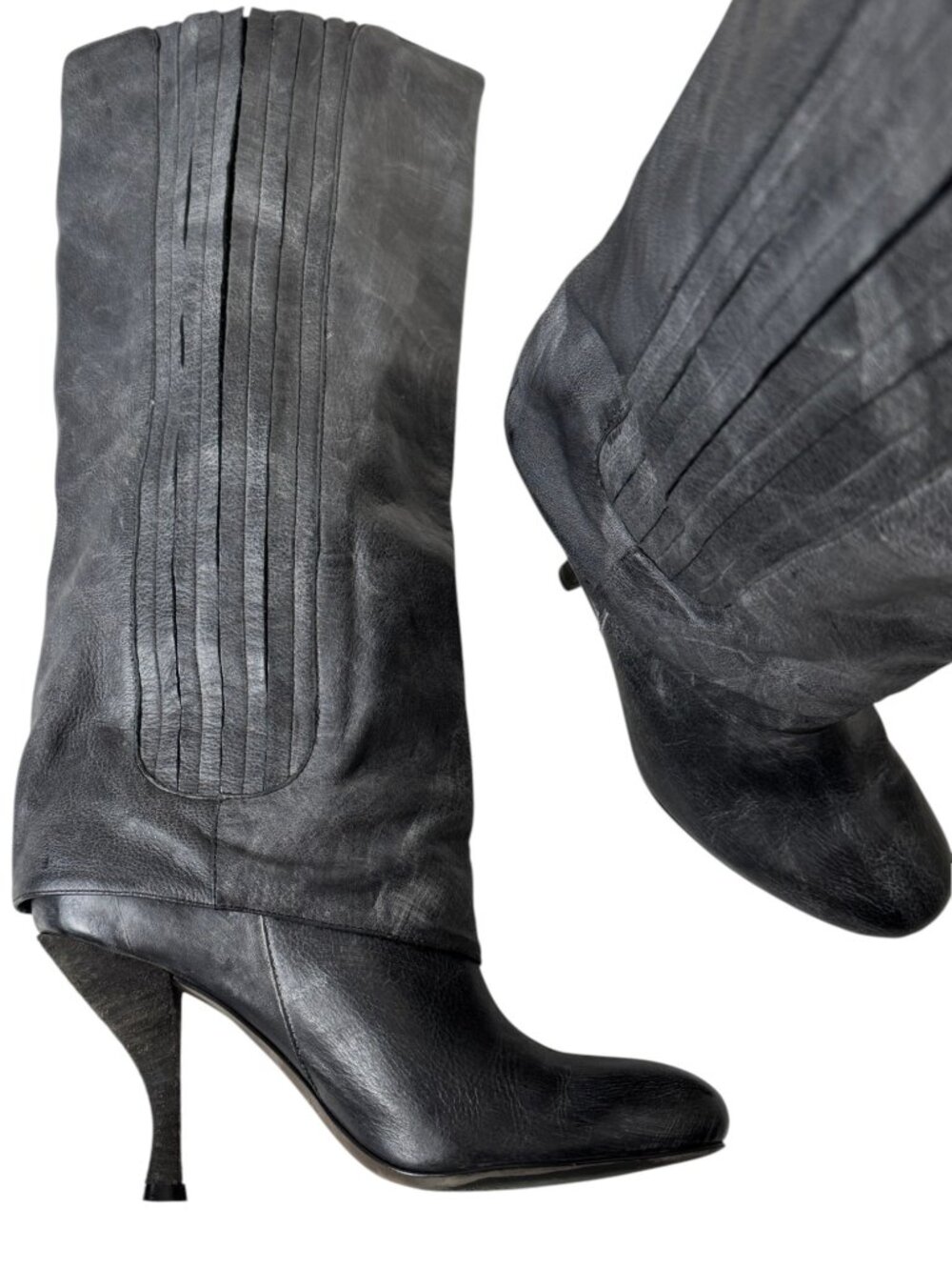 ELIZABETH & JAMES E-MANE DISTRESSED CHARCOAL GREY TALL LEATHER BOOT STILETTO 8